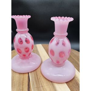 2 Fenton Art Glass RARE Cranberry Coin Dot Candle Stick Holders Vases Vintage